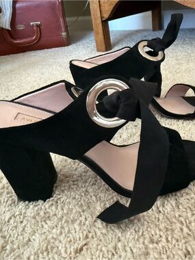 Avec Les Filles Black Suede Block Heel Sandals with Silver Grommet Tie